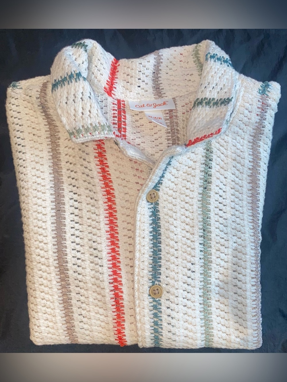 Cat & Jack Cream Knit Short-Sleeve Button-Up with Red and Green Stripes - Picture 6 of 6
